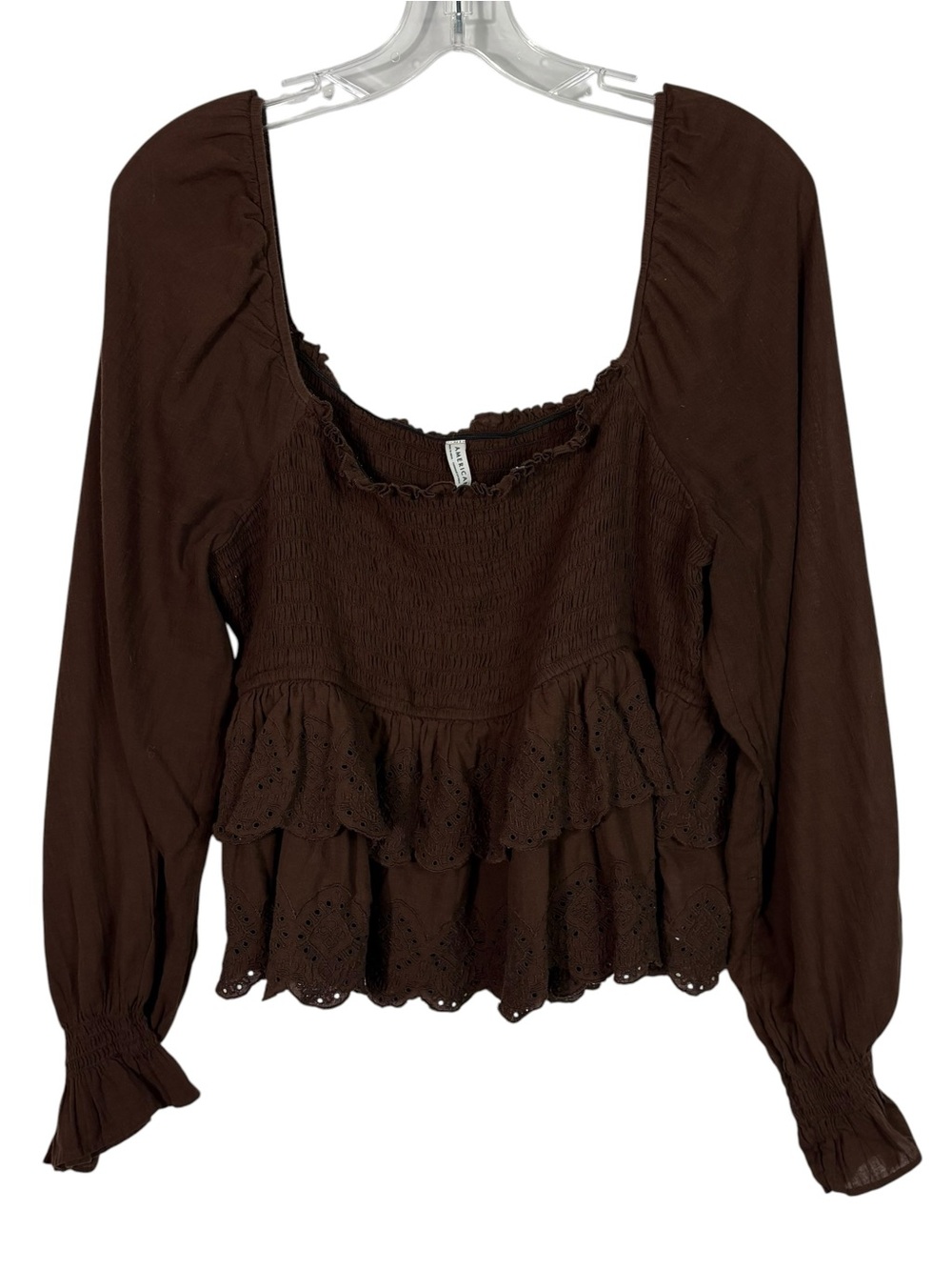American Eagle Dark Brown Eyelet Lace Ruffled Body Babydoll Blouse Cottagecore L